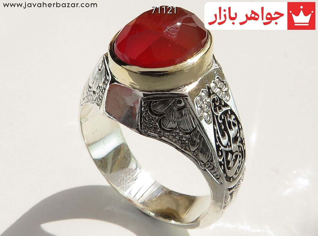انگشتر نقره عقیق یمنی قرمز الماس تراش مردانه دست ساز [یا زهرا یا علی]